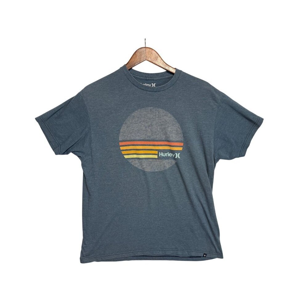 Hurley Mens Blue Gray Graphic T Shirt Sunset‎ Logo Short Sleeve Beachy  Size L